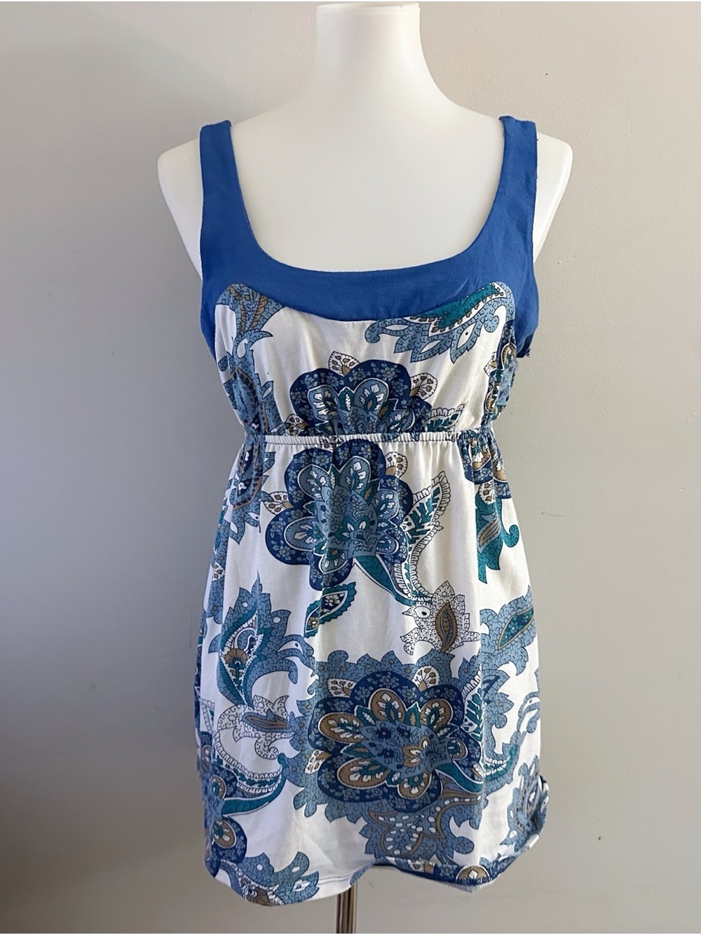 Y2K Faded Glory Babydoll Top Blue & White Paisley Tank Dress Boho Festival